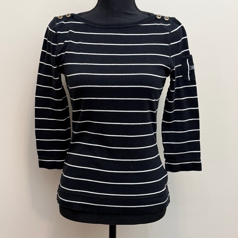 Lauren Ralph Lauren Women M Black White Striped 3/4 Sleeve Top Button Pocket Y2K